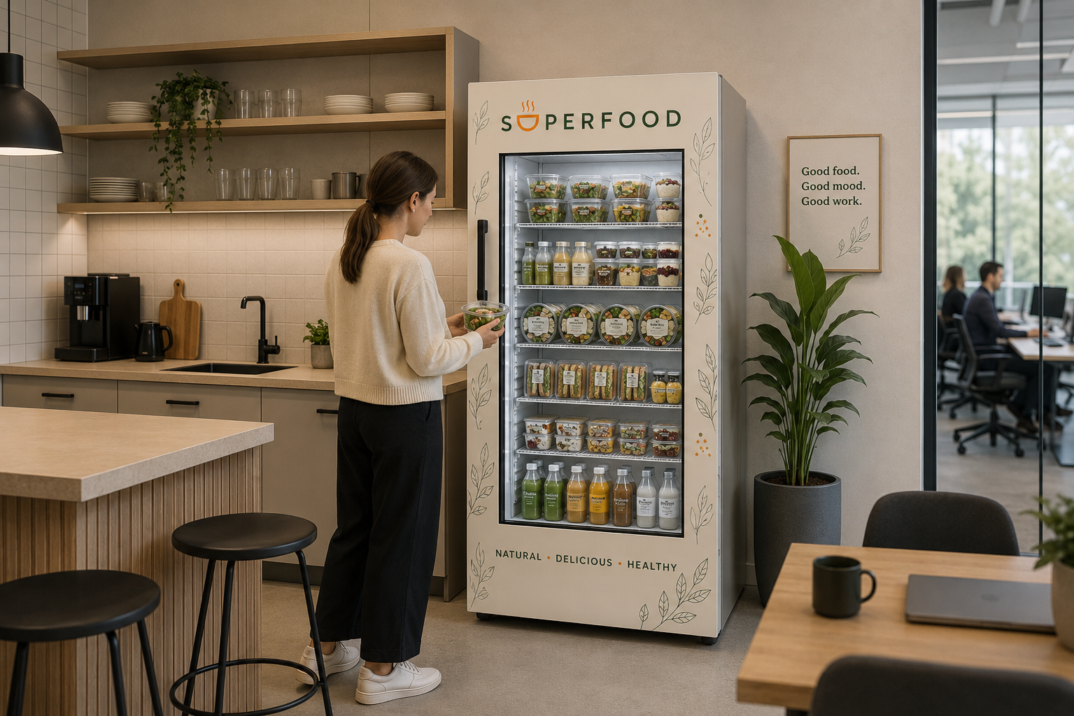 SuperFood smart fridge in a workplace setting.