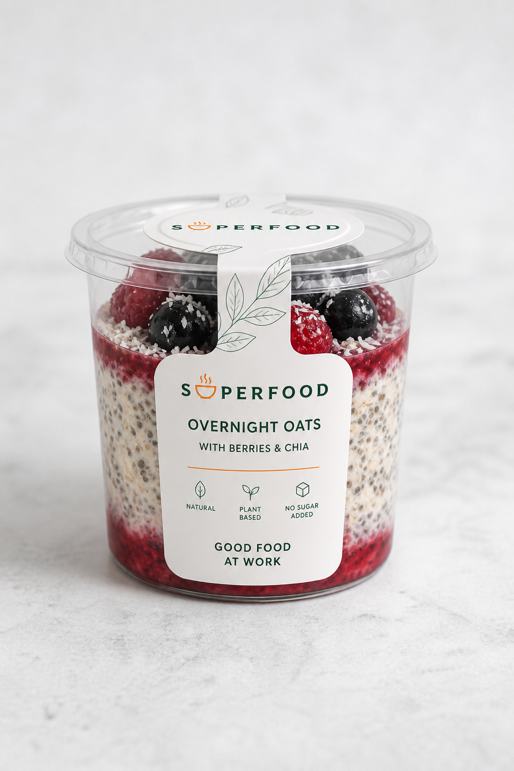 Overnight oats with berries and chia in a SuperFood cup.