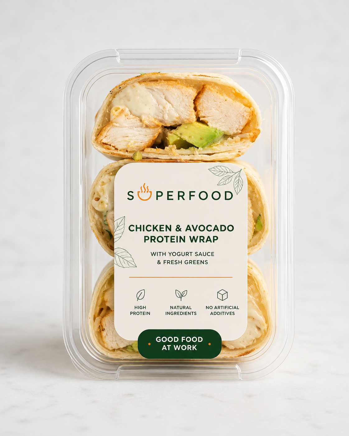 Chicken-avocado protein wrap in a SuperFood pack.