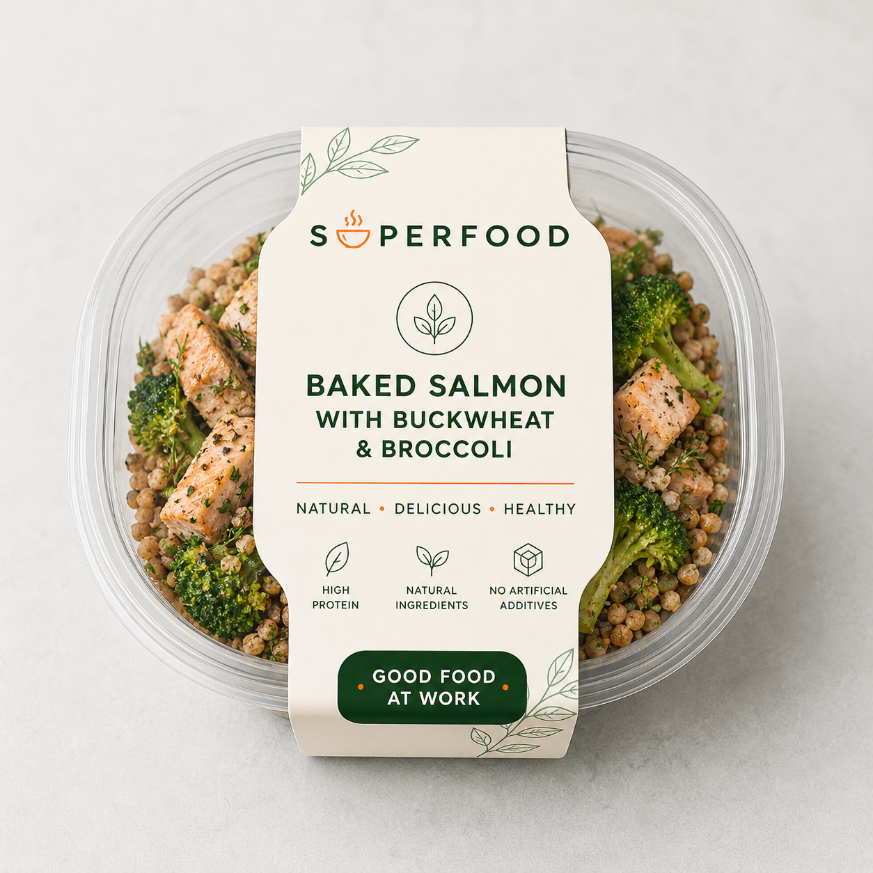 Baked salmon with buckwheat and broccoli in a SuperFood bowl.