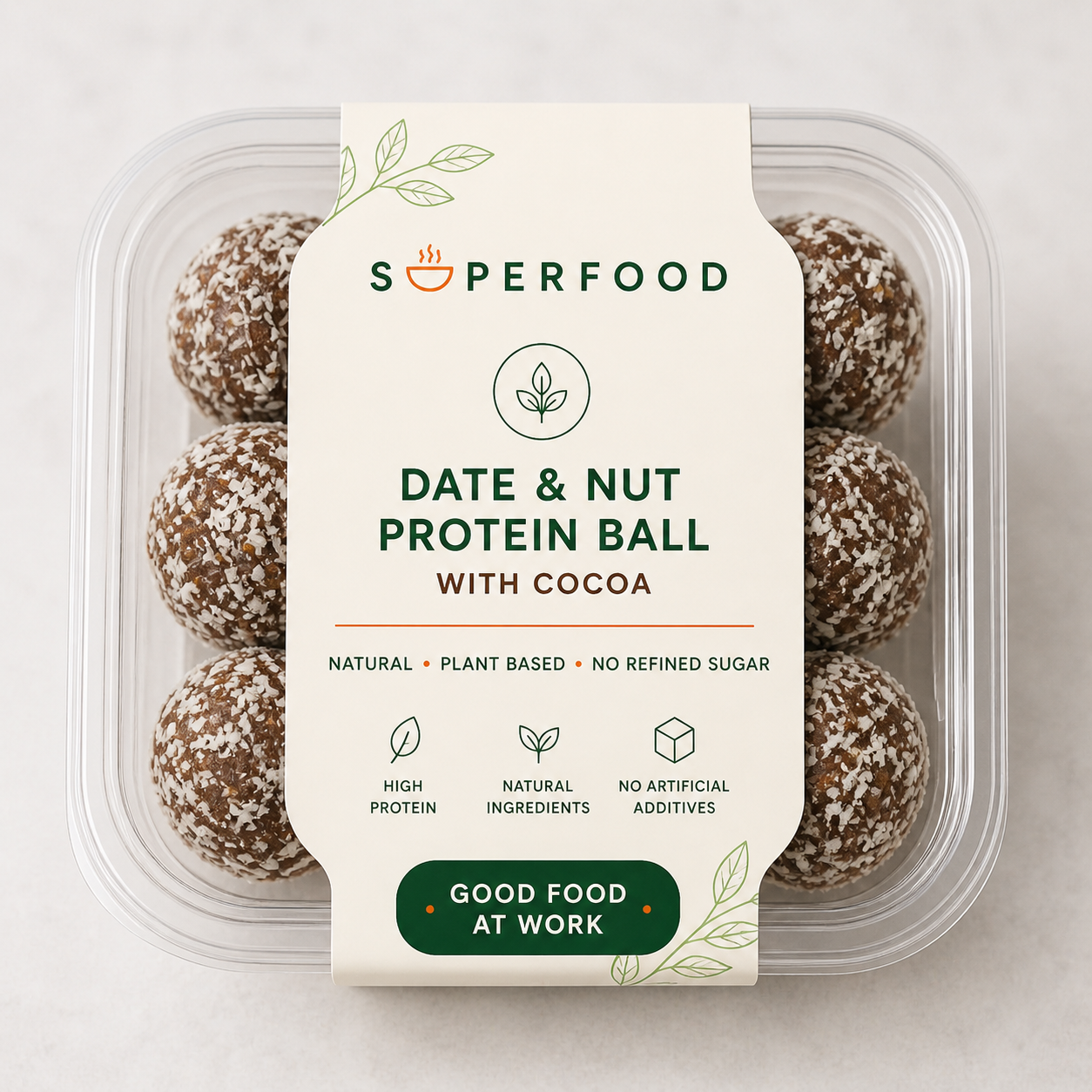Date and nut protein balls with cocoa in a SuperFood pack.