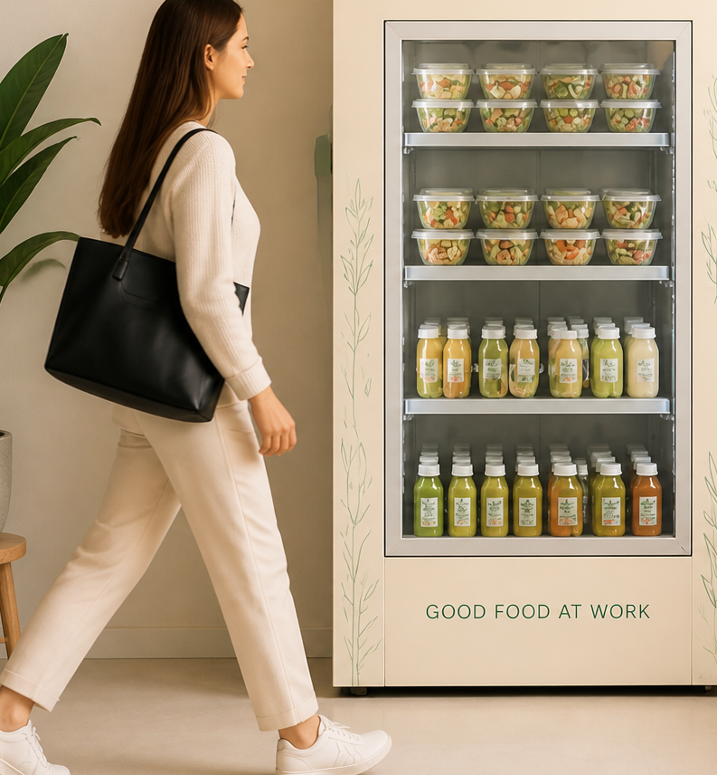 A person walking up to a SuperFood smart fridge in a workplace.