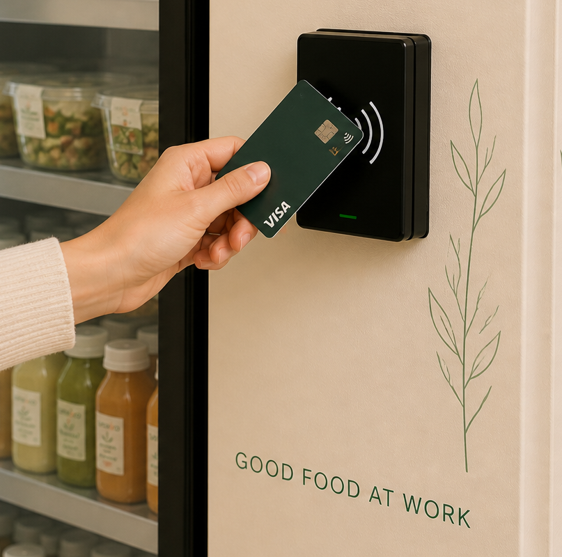 A hand tapping a card on the SuperFood fridge reader.