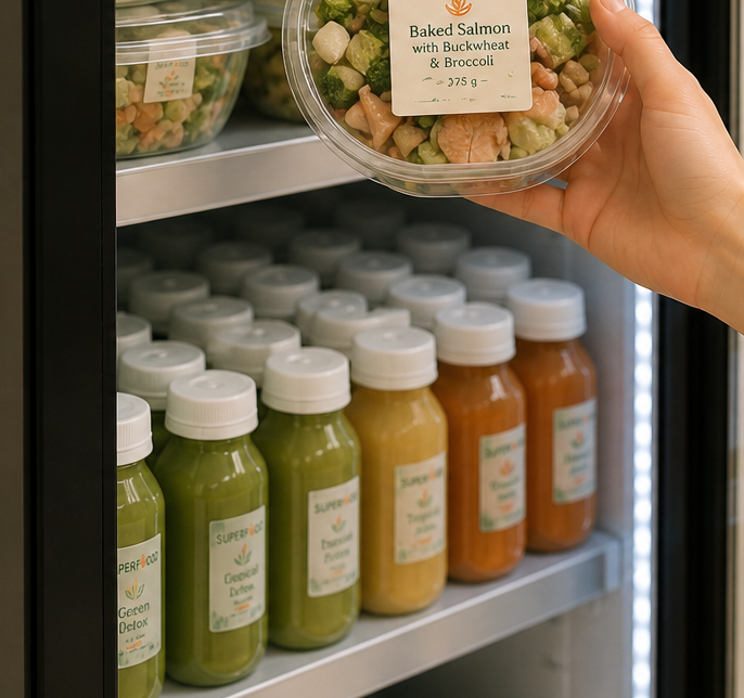 A hand taking a SuperFood meal off the shelf.
