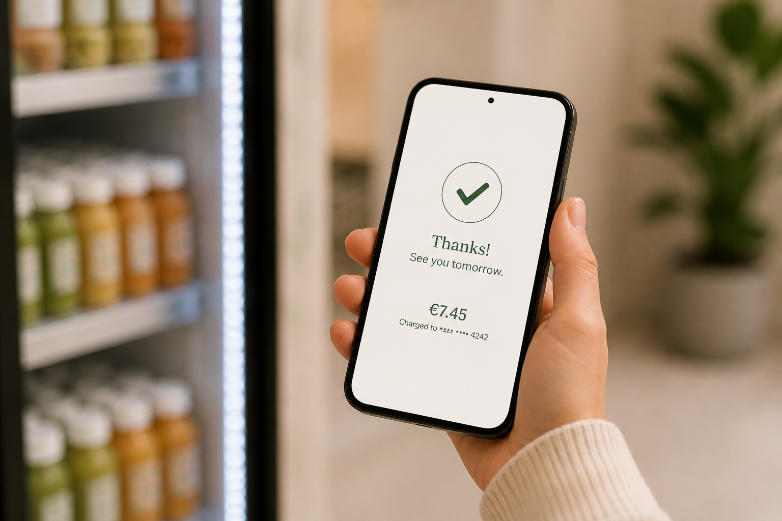 A phone showing a Thanks confirmation and amount charged.